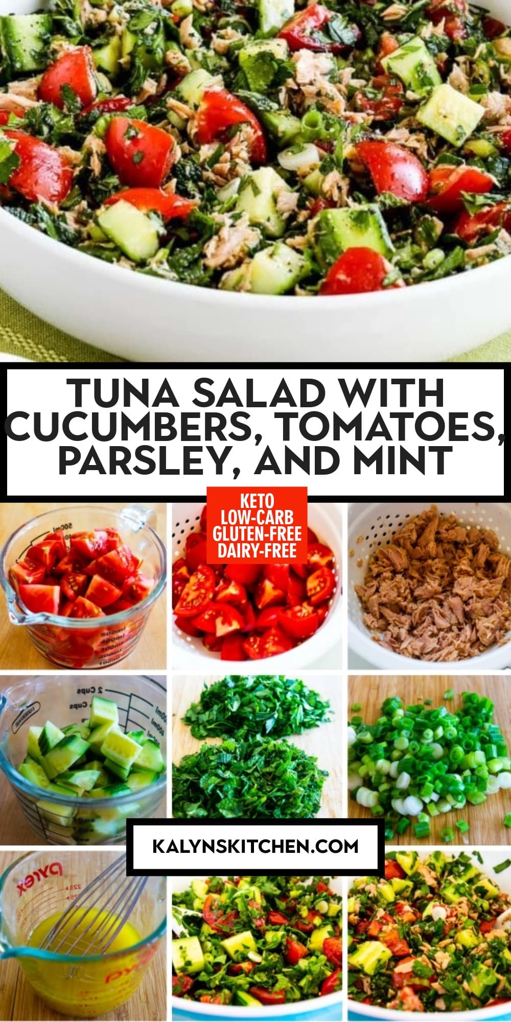 Pinterest image of Tuna Salad with Cucumbers, Tomatoes, Parsley, and Mint