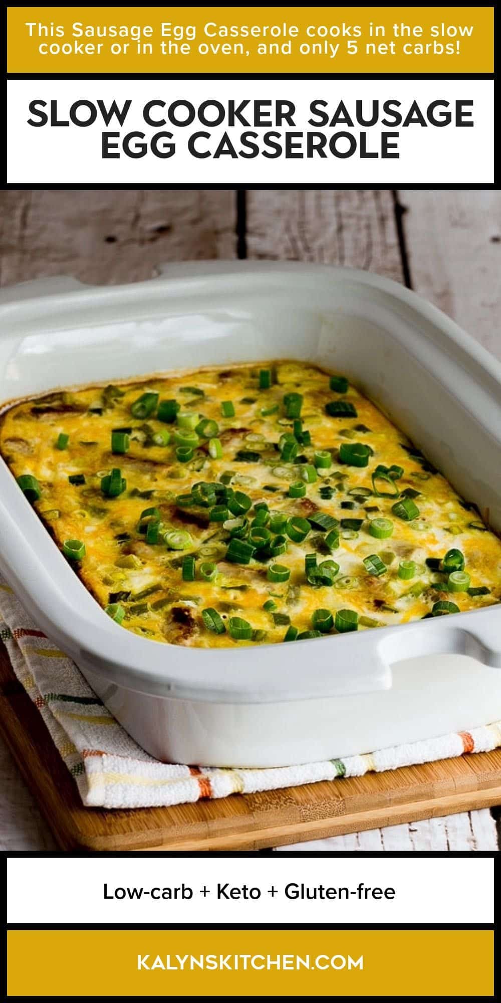 Pinterest image for Slow Cooker Sausage Egg Casserole shown in Casserole Crock Pot.