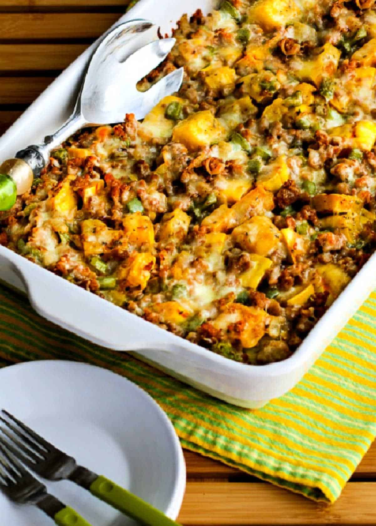 cropped image for Delicata Squash and Sausage Gratin in baking dish