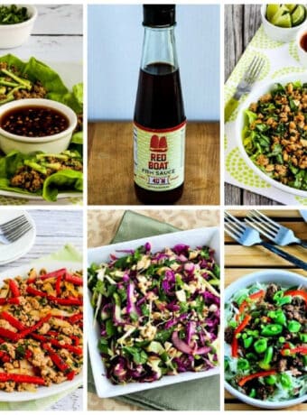 Collage photo with Red Boat Fish Sauce and recipe images using fish sauce.