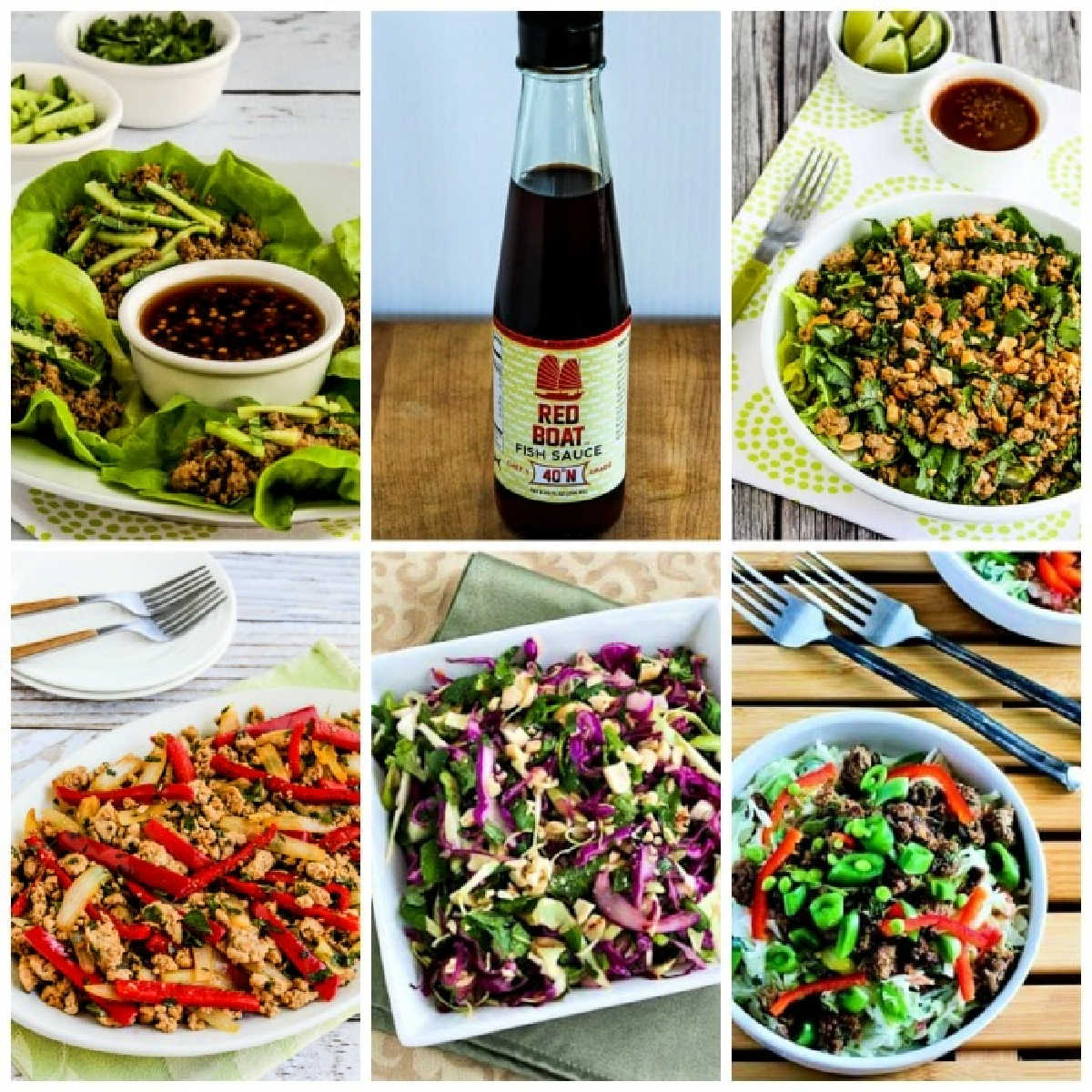 Collage photo with Red Boat Fish Sauce and recipe images using fish sauce.