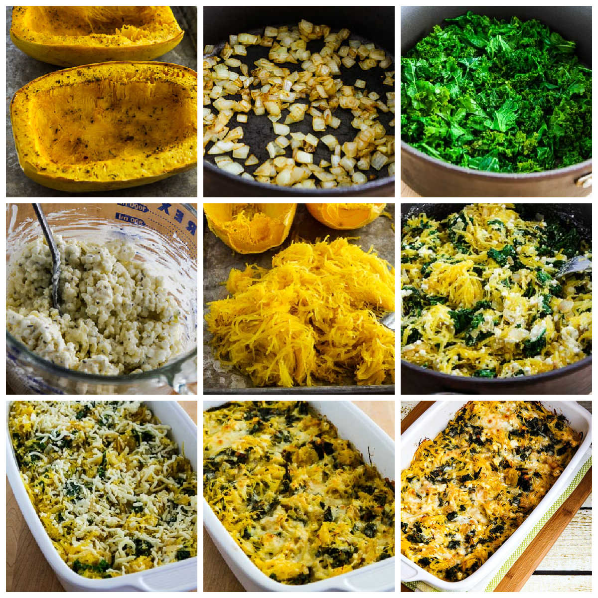 Twice-Baked Spaghetti Squash with Kale collage of recipe steps.