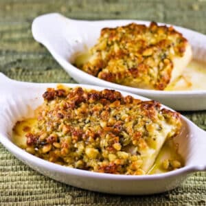 Square image for Baked White Fish with Pine Nut, Parmesan, and Pesto Crust in two baking dishes.