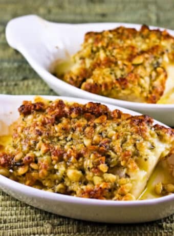 Square image for Baked White Fish with Pine Nut, Parmesan, and Pesto Crust in two baking dishes.