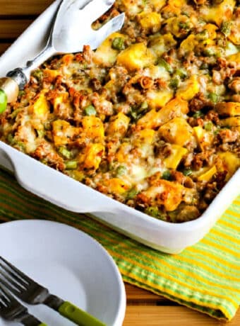 square image for Delicata Squash and Sausage Gratin in baking dish