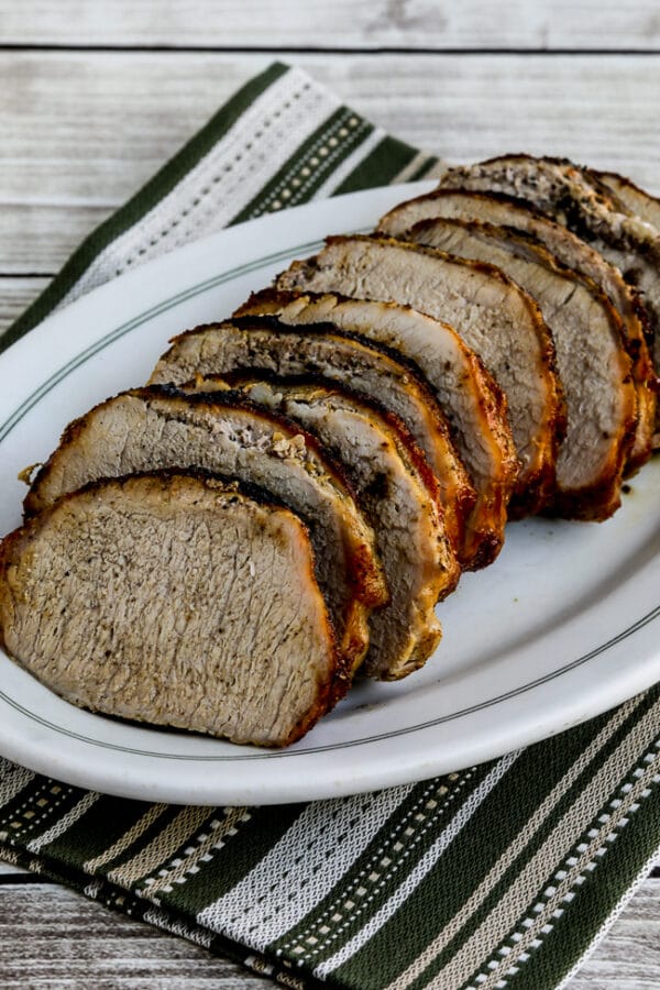 Air Fryer Pork Loin Roast on serving plate with napkin