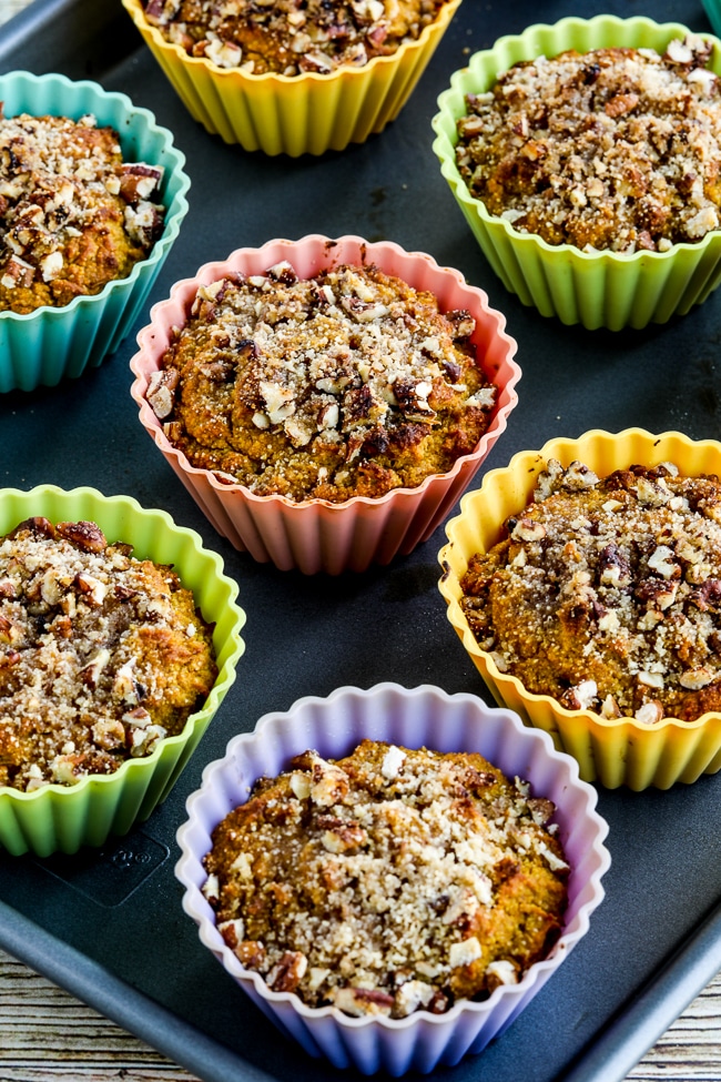 Almond Flour Pumpkin Muffins close-up photo of muffins on baking sheet