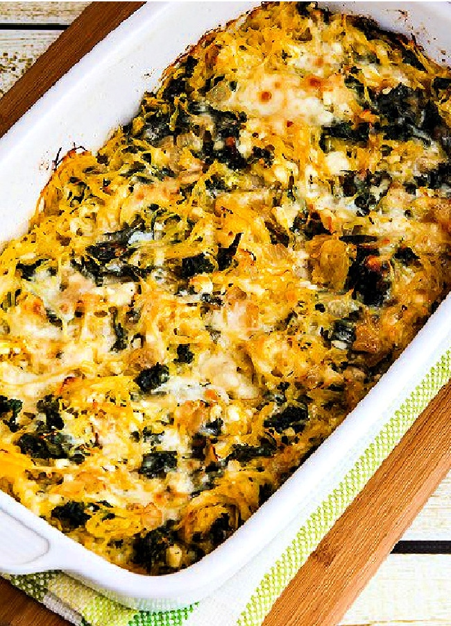 Twice-Baked Spaghetti Squash with Kale shown in baking dish