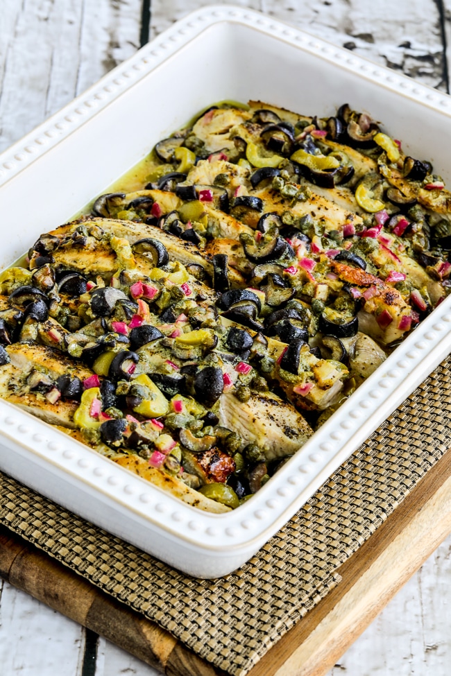 Chicken Bake with Olive and Caper Sauce finished recipe in baking dish
