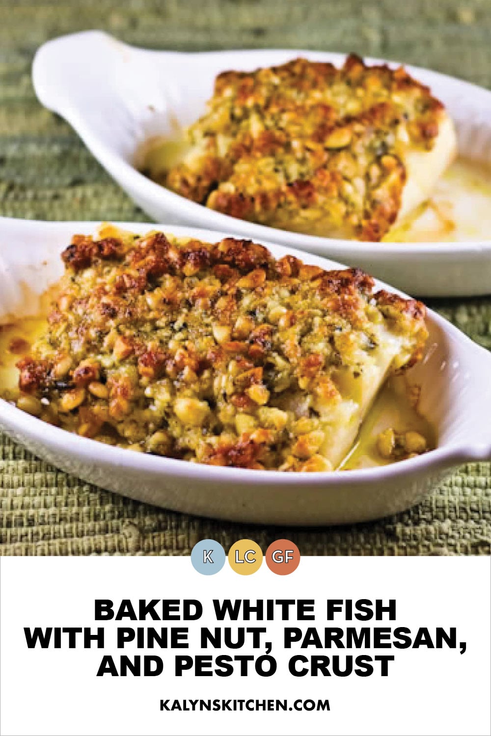 Pinterest image of Baked White Fish with Pine Nut, Parmesan, and Pesto Crust