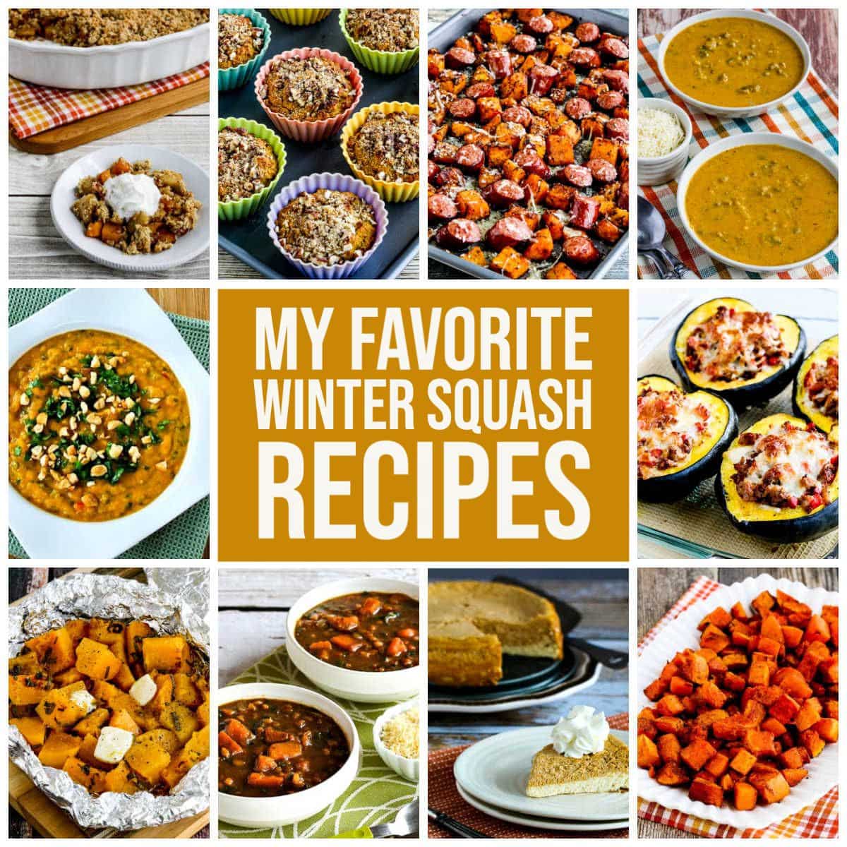 My Favorite Winter Squash Recipes collage av utvalda recept med textöverlagring
