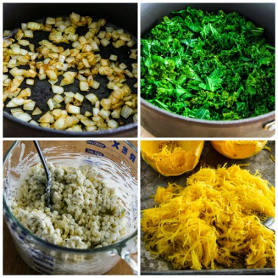 process shot collage for Twice Baked Spaghetti Squash with Kale