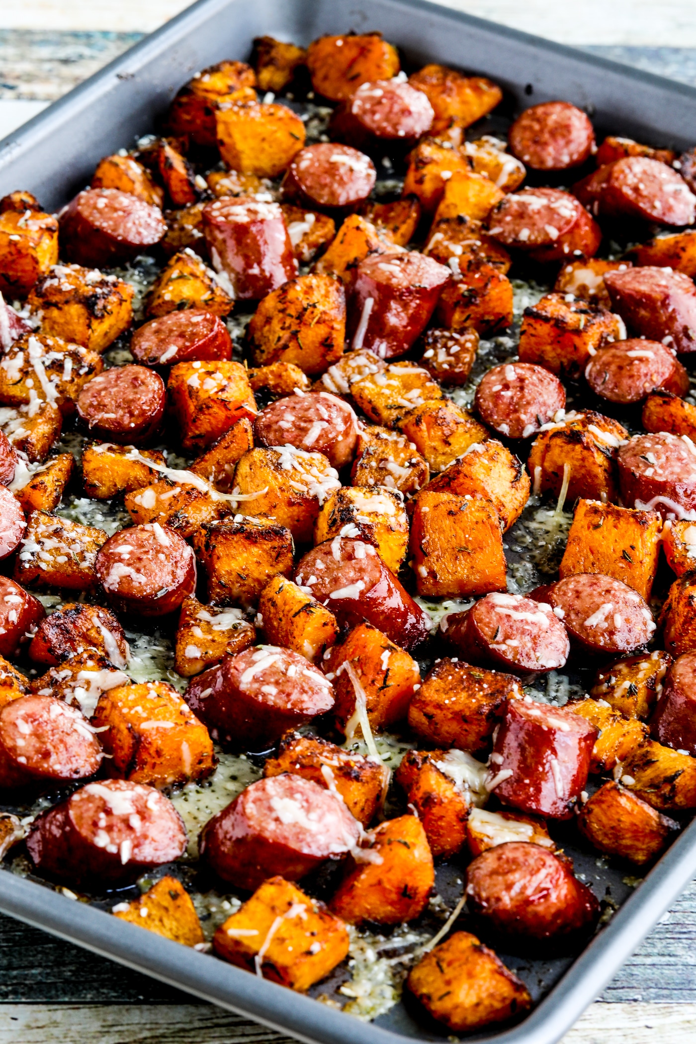 Roasted Butternut Squash and Sausage Sheet Pan Meal finished dish on baking sheet