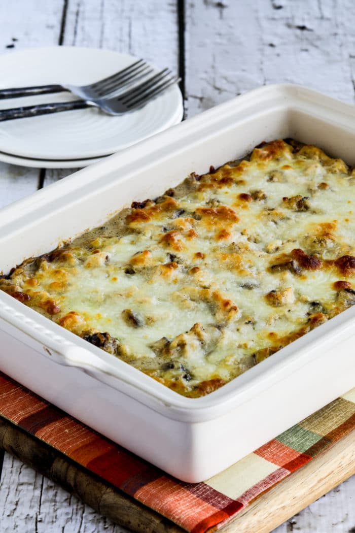 Chicken Alfred Mock Lasagna Casserole top photo of finished lasagna in baking dish