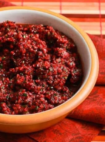 Trina's Cranberry Salsa in bowl on red napkin
