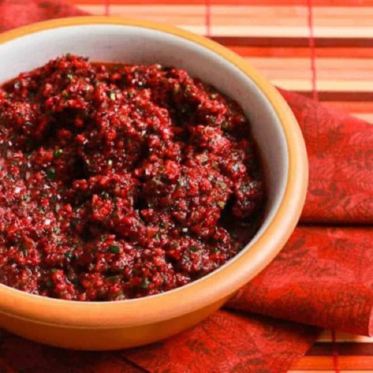 Trina's Cranberry Salsa in a bowl on a red napkin
