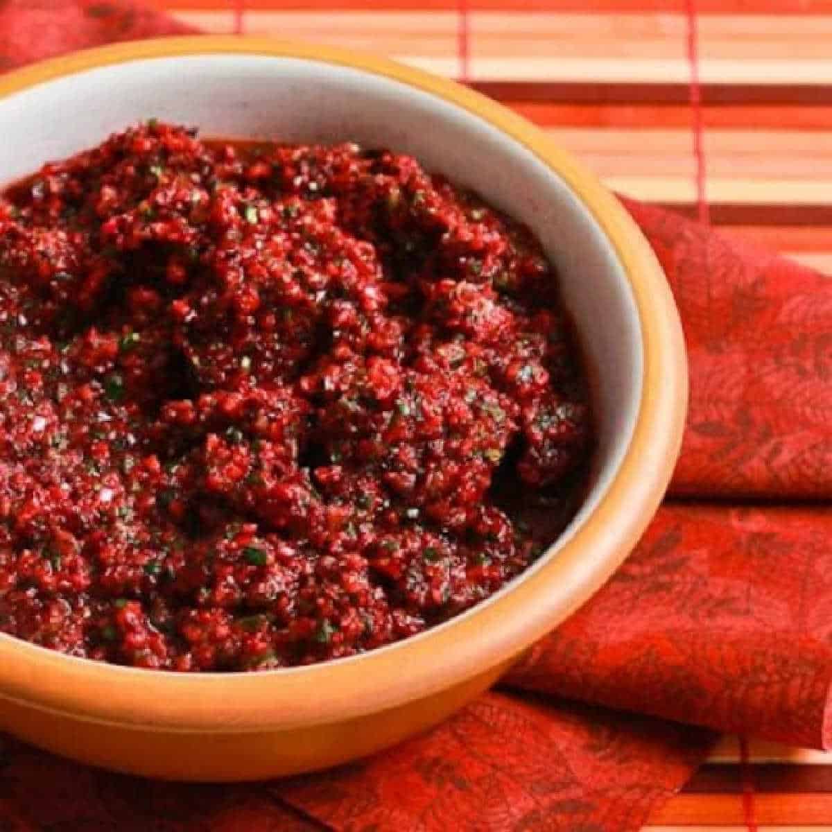 Cranberry salsa shown in serving bowl