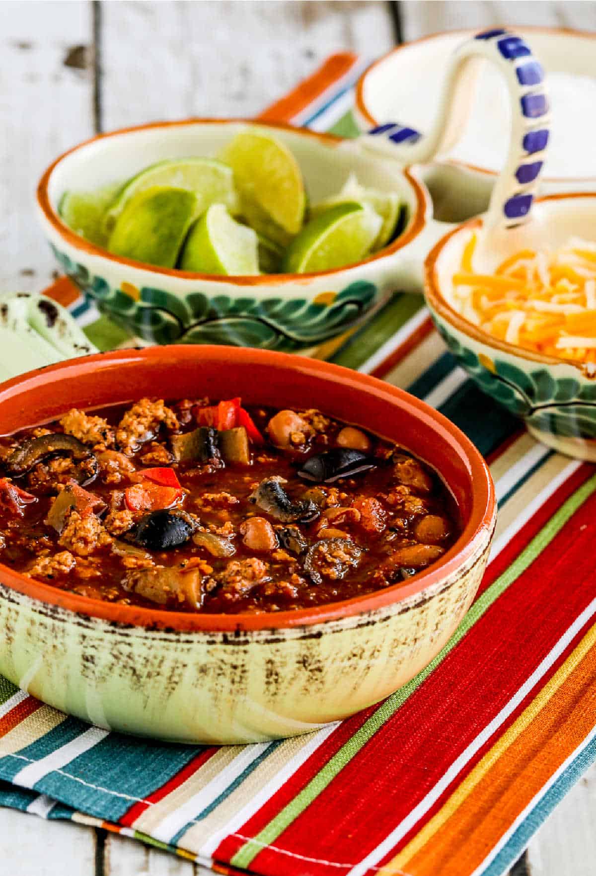 Cutout image of turkey chili with peppers, mushrooms and olives