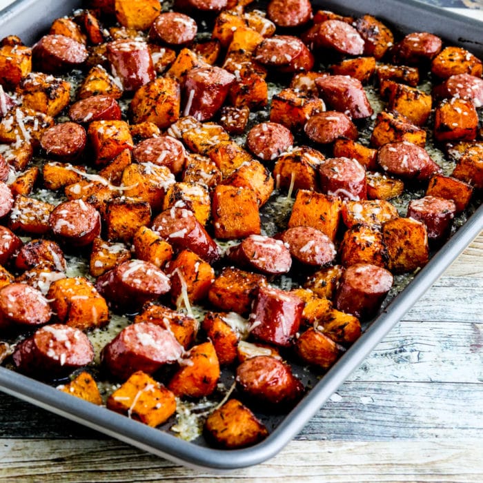 Roasted Butternut Squash and Sausage Sheet Pan Meal square image of finished meal on sheet pan