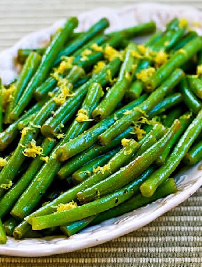 Lemon Green Beans cropped image showing beans on serving plate.