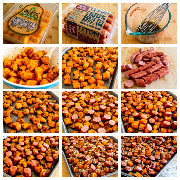 Roasted Butternut Squash and Sausage Sheet Pan Meal process shots collage