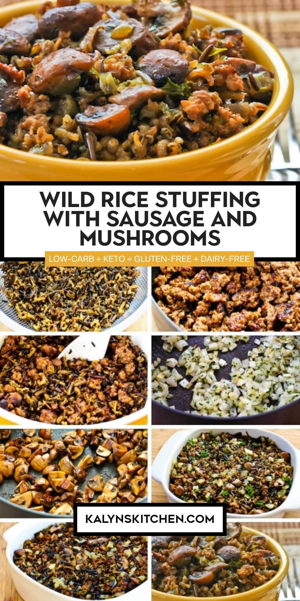 Pinterest image of Wild Rice Stuffing with Sausage and Mushrooms