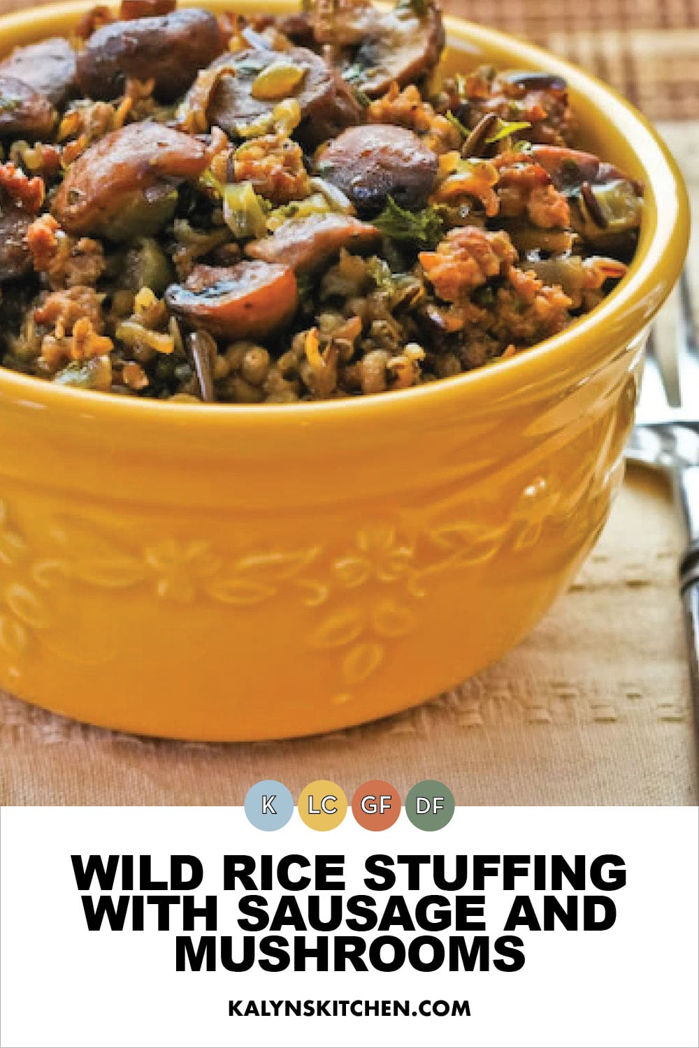 Pinterest image of Wild Rice Stuffing with Sausage and Mushrooms