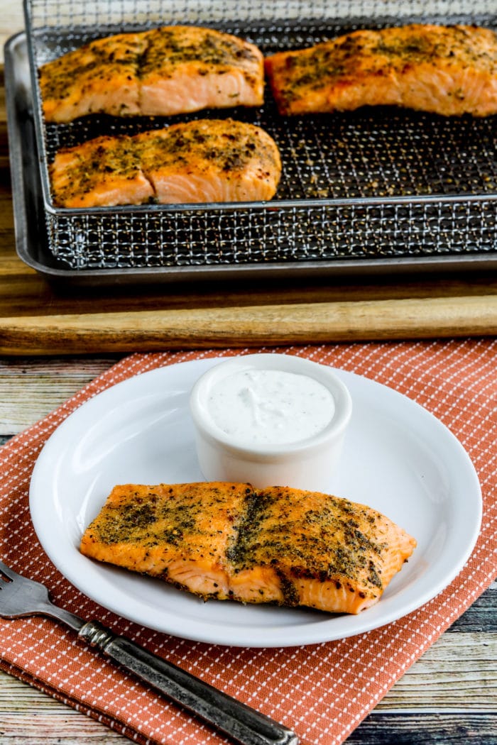 Greek Salmon with Tzatziki Sauce finished salmon with Air Fryer tray in background