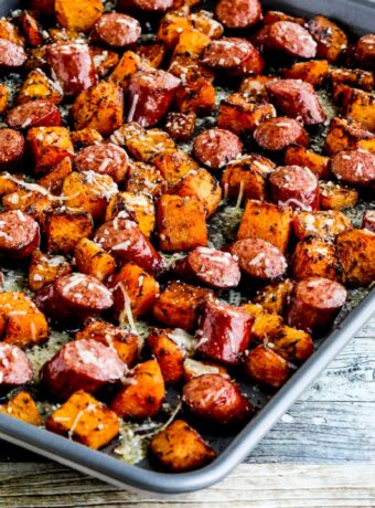 Square image of Roasted Butternut Squash and Sausage Sheet Pan Meal on sheet pan.