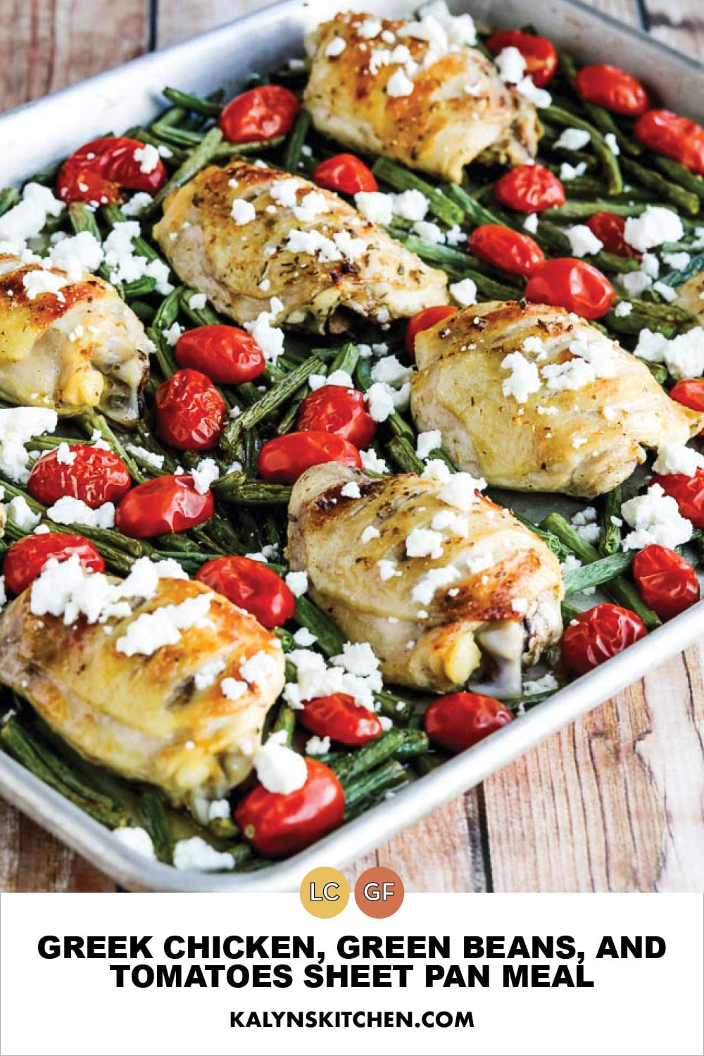Pinterest image of Greek Chicken, Green Beans, and Tomatoes Sheet Pan Meal 