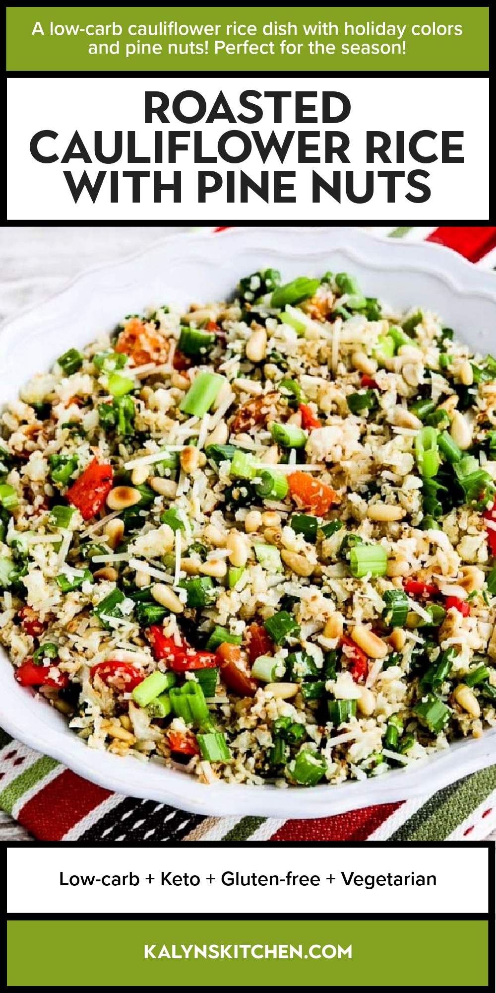 Pinterest image of Roasted Cauliflower Rice with Pine Nuts