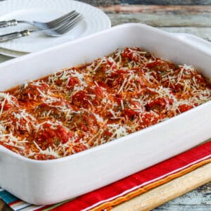 Square image for Beef and Sausage Meatballs in Tomato Sauce shown in baking pan.