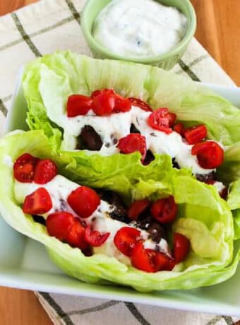 Image of ground beef Gyro Meatball Lettuce Wraps with tzatziki.