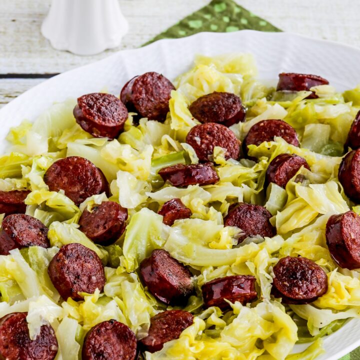 Instant Pot Cabbage and Sausage finished dish on serving plate