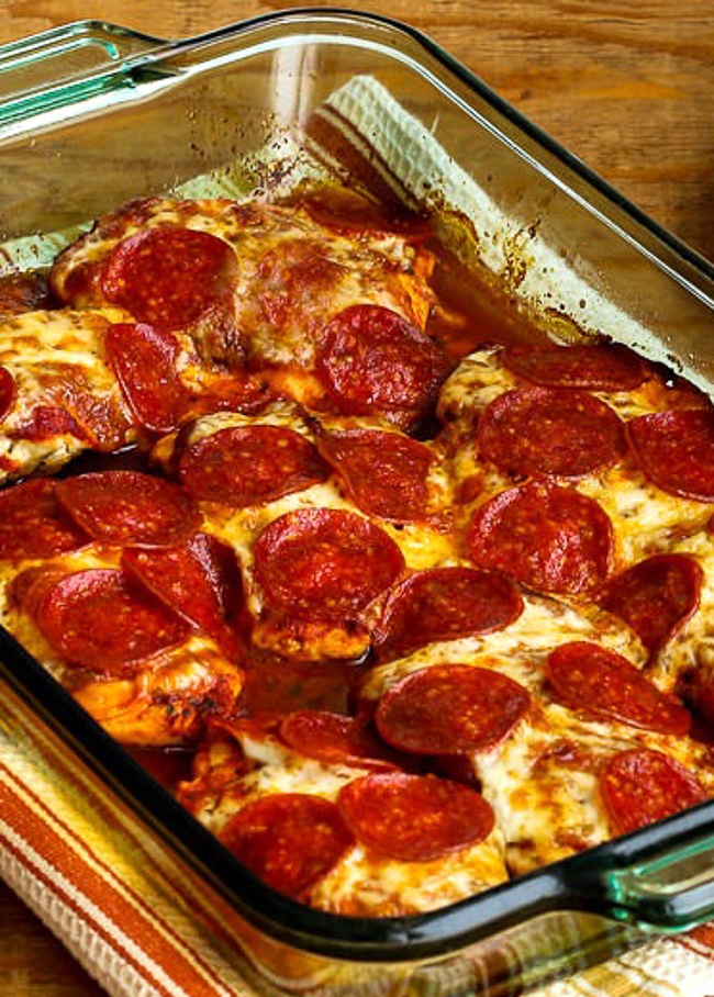 Pepperoni Pizza Chicken Bake in baking dish