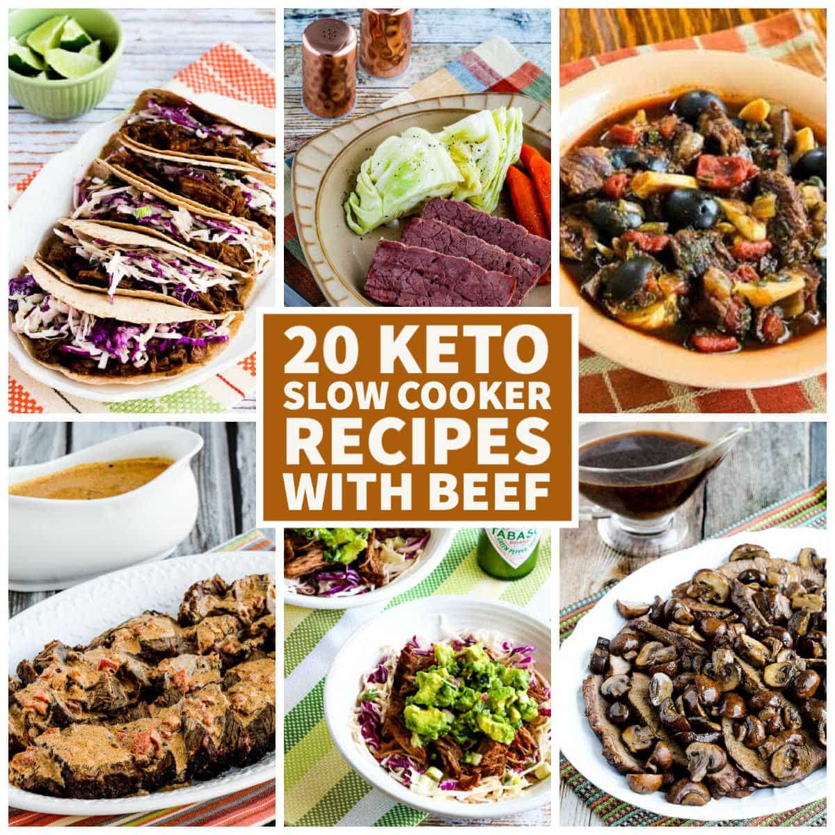 20 Keto Slow Cooker Recipes with Beef collage with text overlay showing featured recipes.