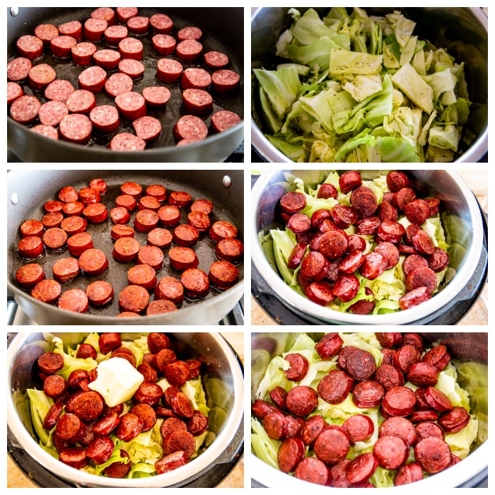 Instant Pot Cabbage and Sausage process shots collage