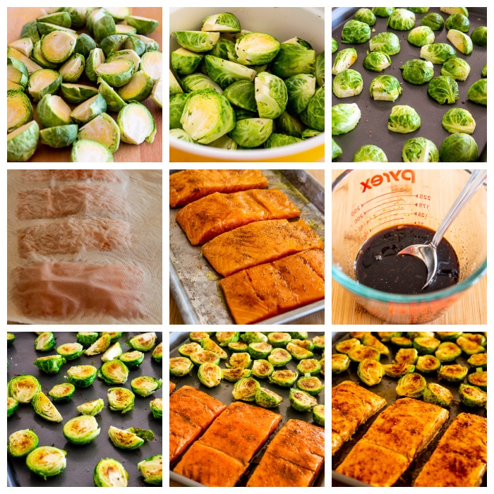 Roasted Brussels Sprouts and Salmon Sheet Pan Meal process shots collage