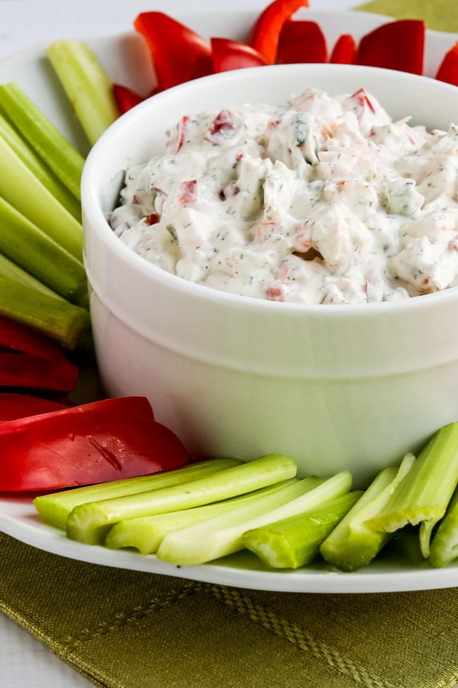 Low-Carb Shrimp Dip shown on serving plate with veggies