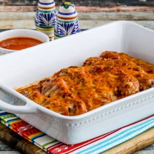 Instant Pot Salsa Pork Chops shown in baking dish.