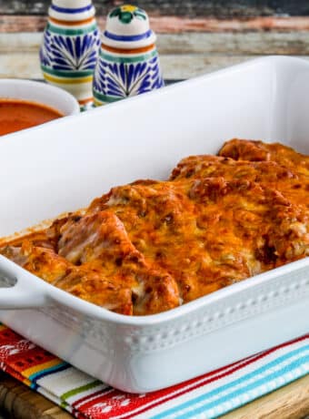 Instant Pot Salsa Pork Chops shown in baking dish.