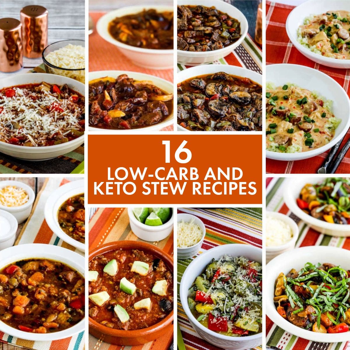 Collage photo for 16 Low-Carb and Keto Stew Recipes, showing featured recipes.