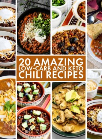 20 Amazing Low-Carb and Keto Chili Recipes text-overlay collage showing featured recipes.