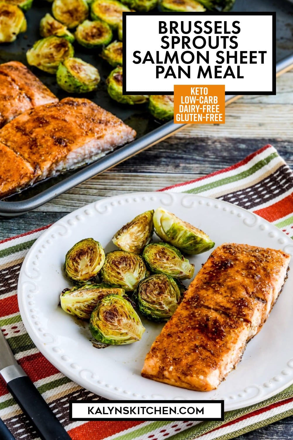 Pinterest image of Brussels Sprouts Salmon Sheet Pan Meal