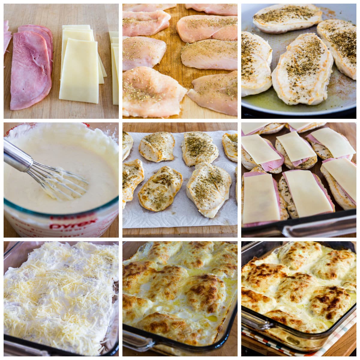 Chicken Cordon Bleu Bake collage showing finished recipe steps.