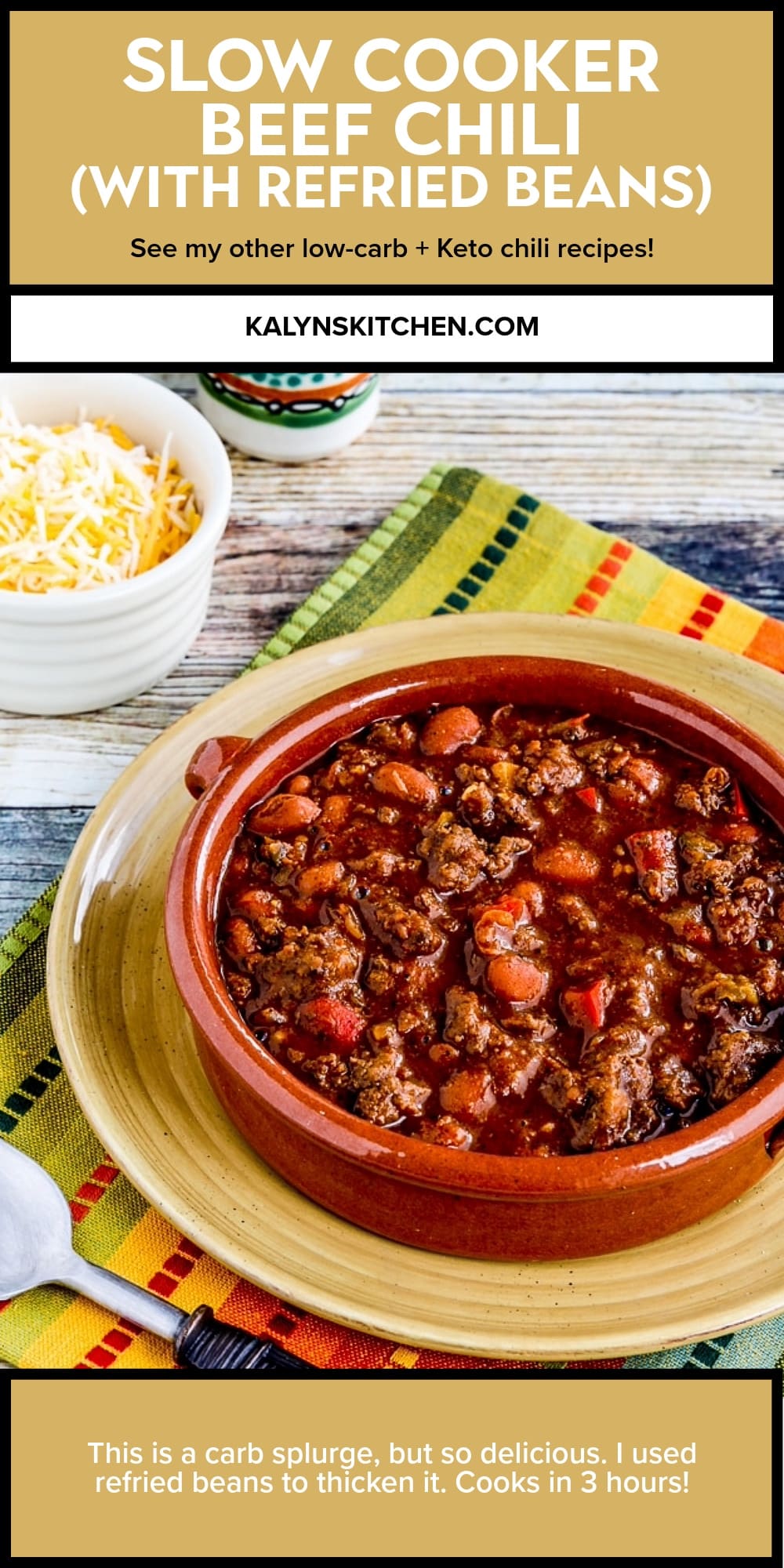 Pinterest image of Slow Cooker Beef Chili (with Refried Beans)