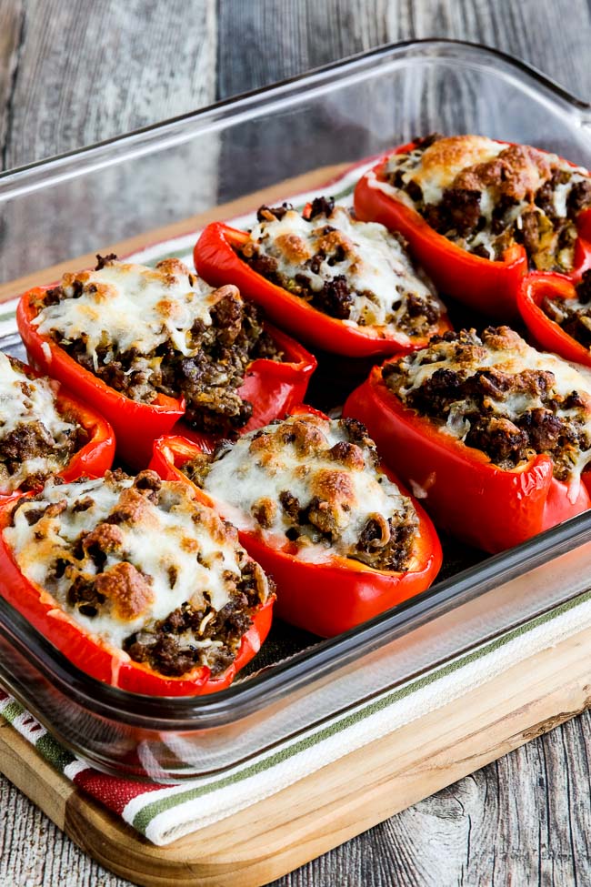 Stuffed Peppers with Beef, Sausage, and Cabbage shown in baking dish