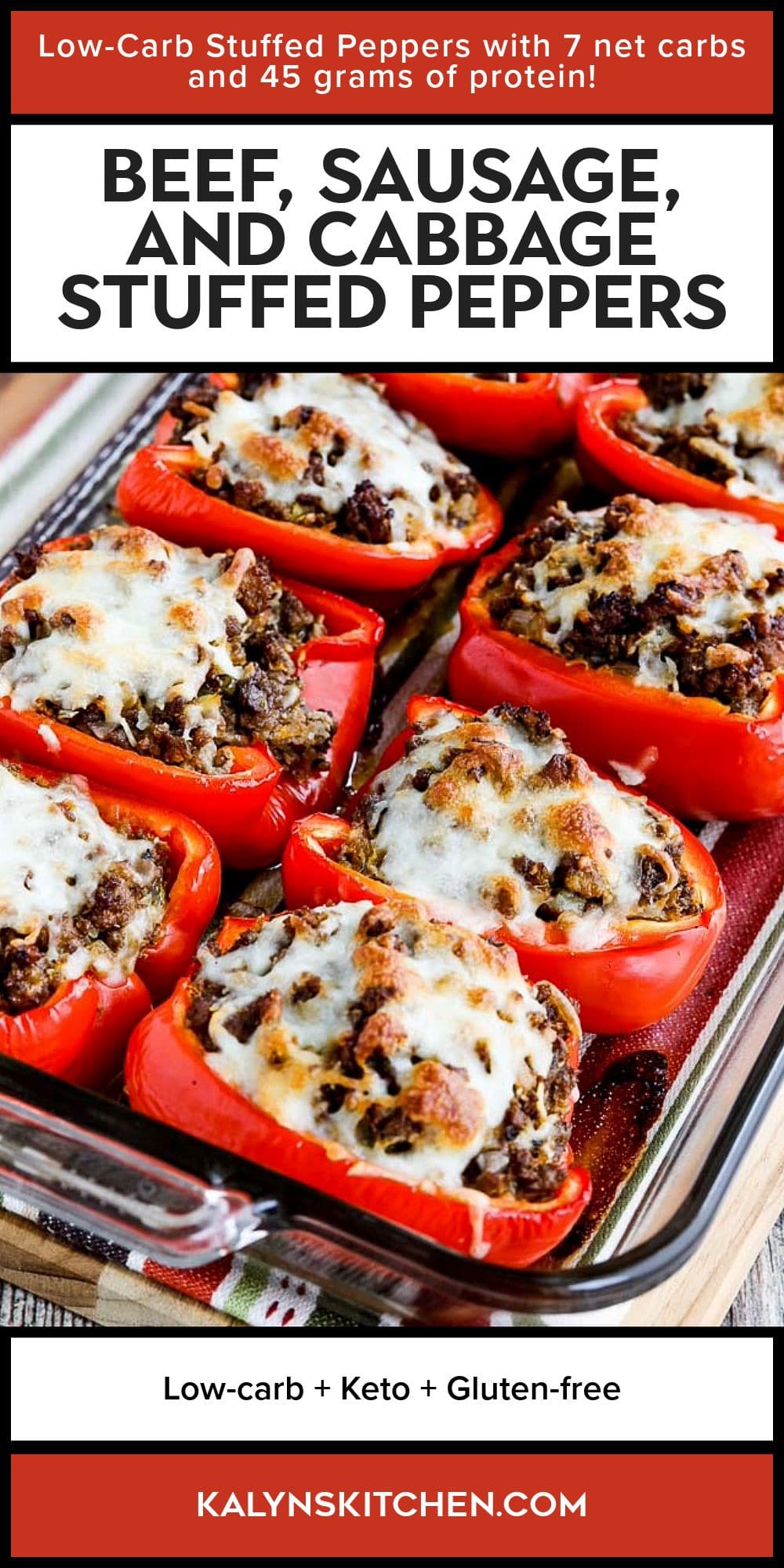 Pinterest image for Beef, Sausage, and Cabbage Stuffed Peppers shown in baking dish.