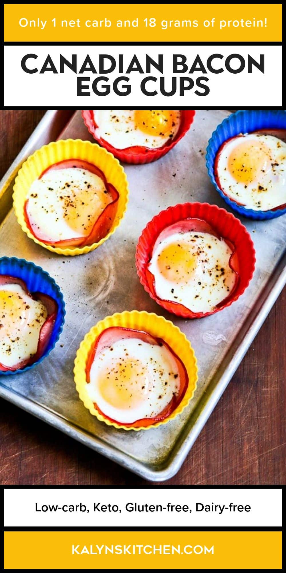 Pinterest image for Canadian Bacon Egg Cups showing finished eggs on sheet pan.