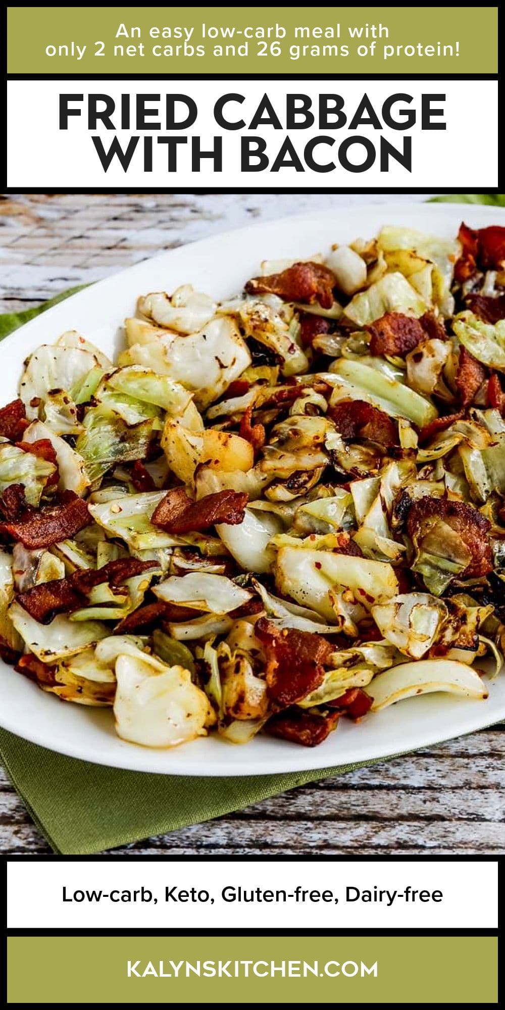 Pinterest image for Fried Cabbage with Bacon shown on serving platter.
